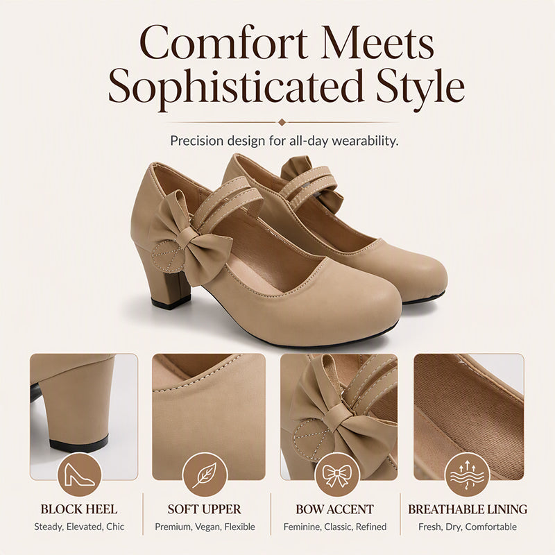 Women's Elegant Chunky Heel Shoes with Bow Strap