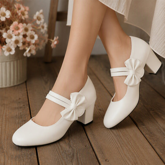 Women's Elegant Chunky Heel Shoes with Bow Strap