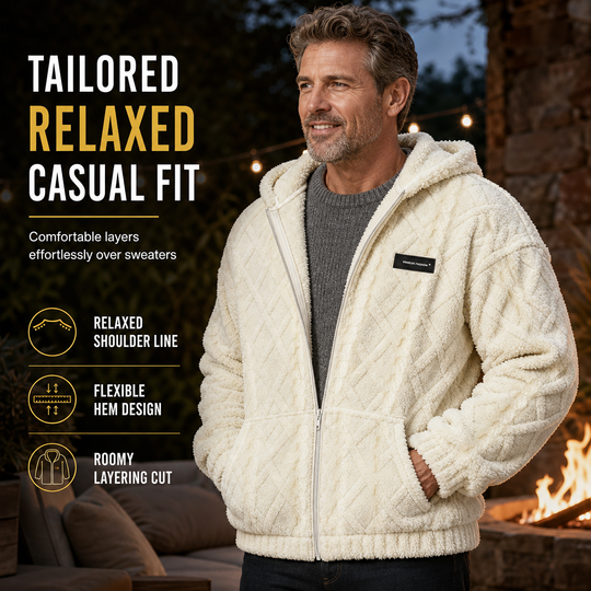 Men's Cable Embossed Sherpa Fleece Zip Up Hooded with Pockets