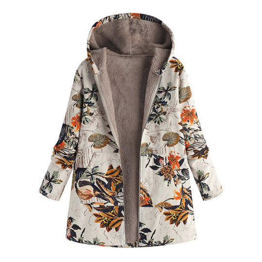 🍂 Artistic Everyday Style | Women’s Vintage Leaf Print Hooded Coat