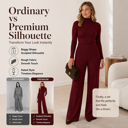 Women's Turtleneck Knit Top and Wide-Leg Pants Set