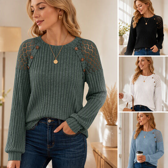 🖤Black Friday Sale:50% OFF🖤🌸Lace Detail, Easy Elegance | Women's Ribbed Knit Patchwork Long-Sleeve Top