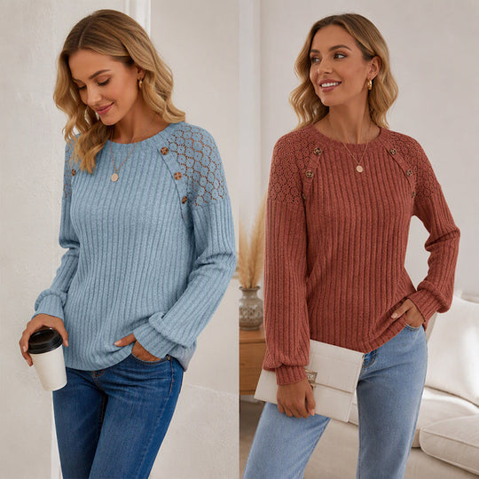 🖤Black Friday Sale:50% OFF🖤🌸Lace Detail, Easy Elegance | Women's Ribbed Knit Patchwork Long-Sleeve Top