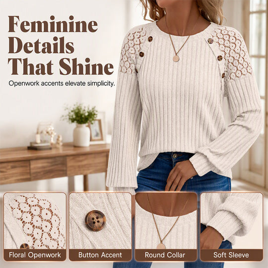 🖤Black Friday Sale:50% OFF🖤🌸Lace Detail, Easy Elegance | Women's Ribbed Knit Patchwork Long-Sleeve Top