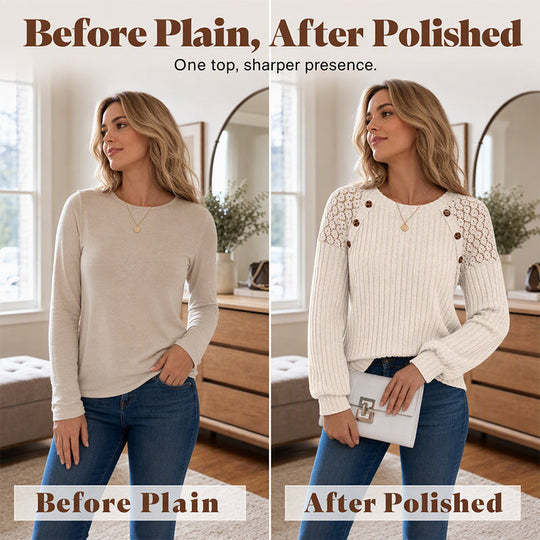 🖤Black Friday Sale:50% OFF🖤🌸Lace Detail, Easy Elegance | Women's Ribbed Knit Patchwork Long-Sleeve Top