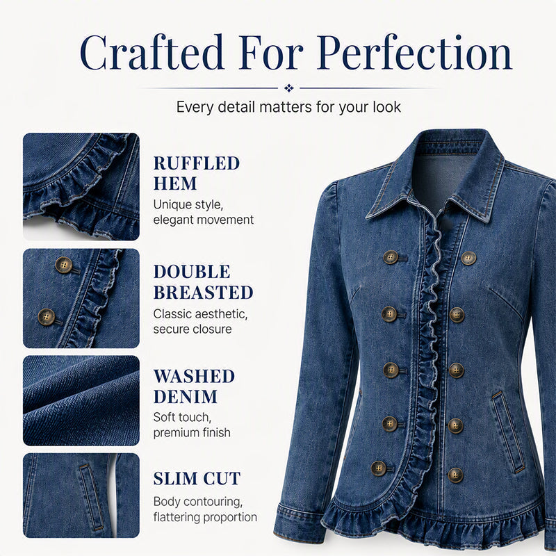 💙 Denim with a Feminine Twist | Women's Double-Breasted Ruffle Jacket