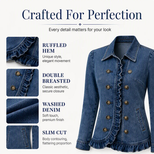💙 Denim with a Feminine Twist | Women's Double-Breasted Ruffle Jacket