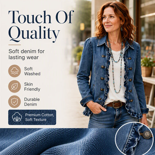 💙 Denim with a Feminine Twist | Women's Double-Breasted Ruffle Jacket