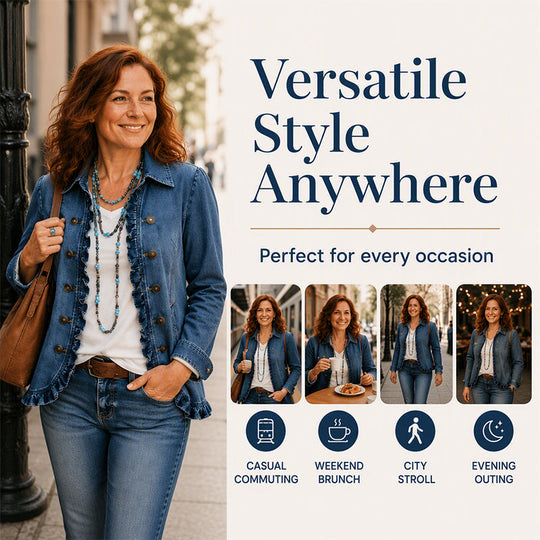 💙 Denim with a Feminine Twist | Women's Double-Breasted Ruffle Jacket