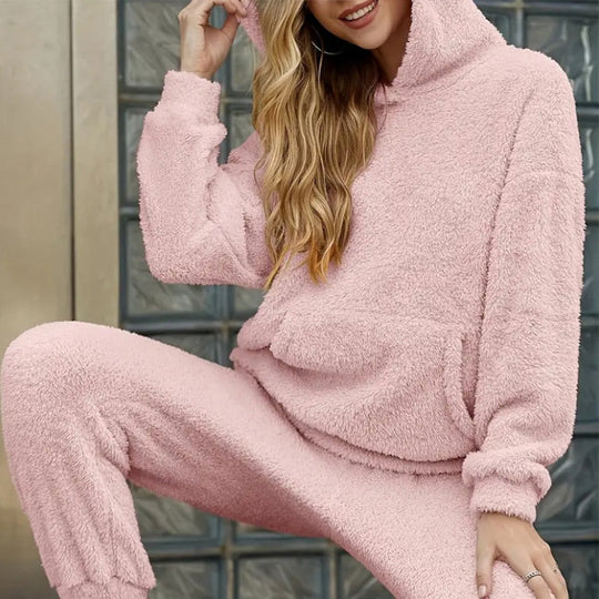 ☁️ Fuzzy Comfort, Complete Look | Women's Hooded Top & Pants 2-Piece Set