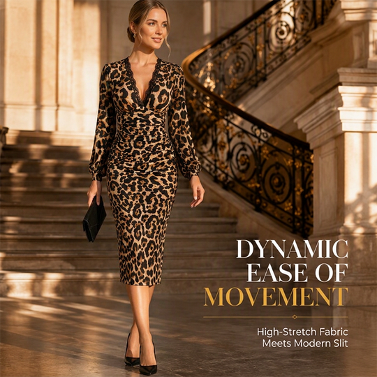 🖤Black Friday Sale:50% OFF 🐆 Lace V-Neck, Curve-Flattering Ruched Fit | Women's Leopard Midi Dress