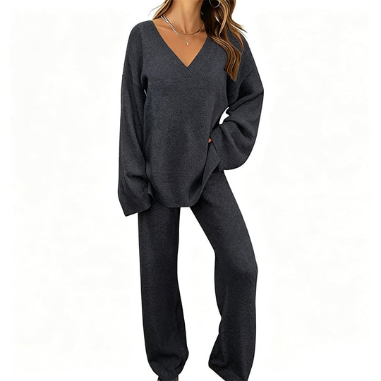 Women's Knit V-Neck Sweater & Wide-Leg Pants Set