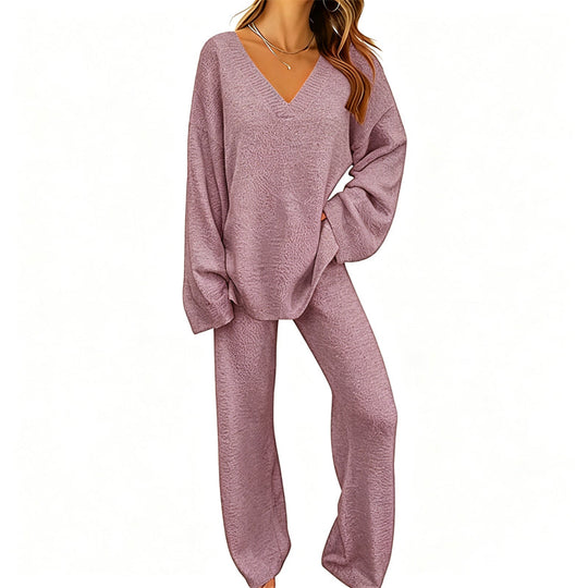 Women's Knit V-Neck Sweater & Wide-Leg Pants Set