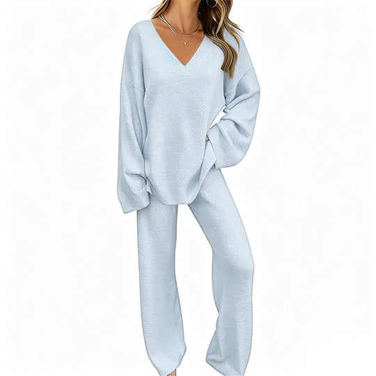 Women's Knit V-Neck Sweater & Wide-Leg Pants Set