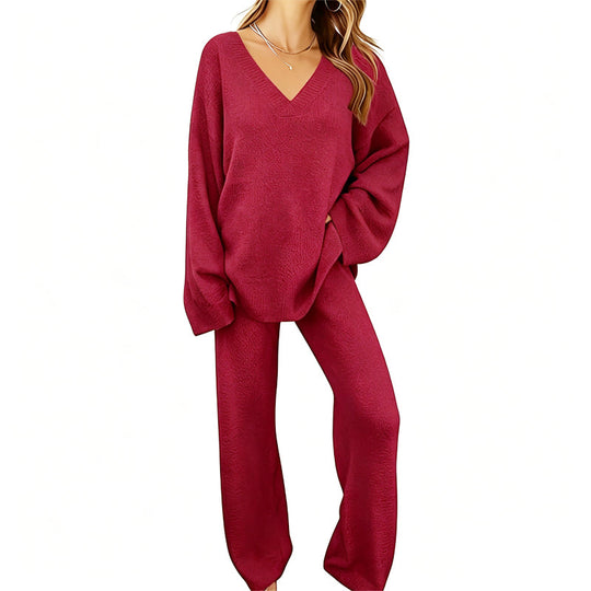 Women's Knit V-Neck Sweater & Wide-Leg Pants Set