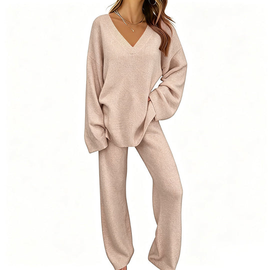 Women's Knit V-Neck Sweater & Wide-Leg Pants Set