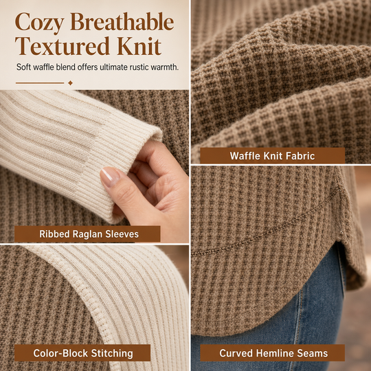 🍁Women's Western Ranch Style Raglan Long Sleeve Knit Top with Textured Waffle Fabric and Curved Hem