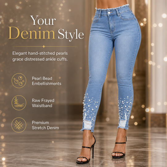 Women's Light Blue Pearl Embellished Slim Fit Skinny Jeans with Raw Frayed Waist and Distressed Ripped Ankle Cuffs