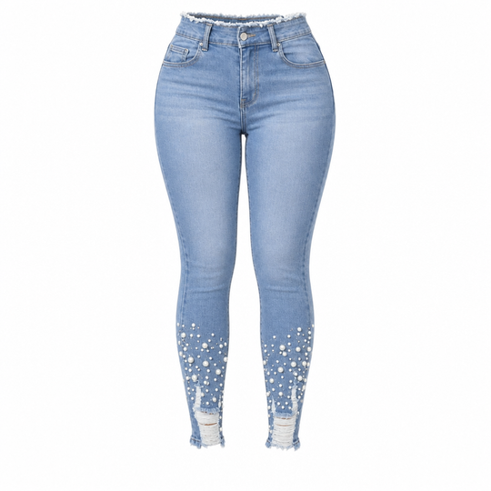 Women's Light Blue Pearl Embellished Slim Fit Skinny Jeans with Raw Frayed Waist and Distressed Ripped Ankle Cuffs