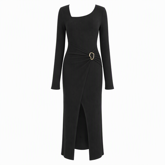 Women's Autumn Winter Solid Color Knit Texture Long Dress with Irregular Neckline
