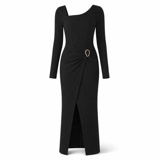 Women's Autumn Winter Solid Color Knit Texture Long Dress with Irregular Neckline
