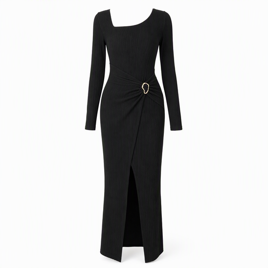 Women's Autumn Winter Solid Color Knit Texture Long Dress with Irregular Neckline
