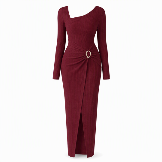 Women's Autumn Winter Solid Color Knit Texture Long Dress with Irregular Neckline