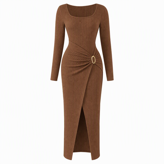 Women's Autumn Winter Solid Color Knit Texture Long Dress with Irregular Neckline