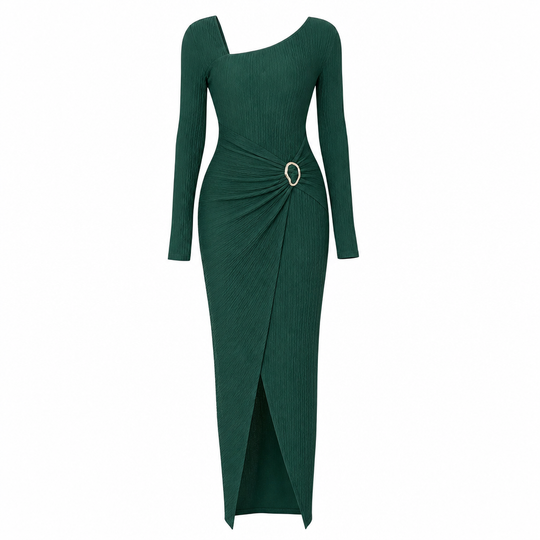 Women's Autumn Winter Solid Color Knit Texture Long Dress with Irregular Neckline