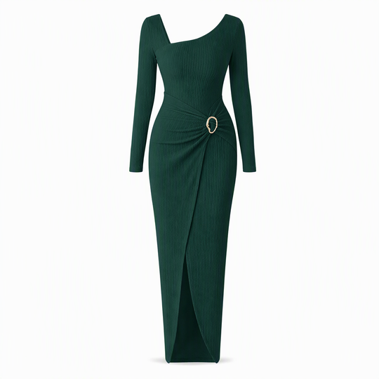 Women's Autumn Winter Solid Color Knit Texture Long Dress with Irregular Neckline