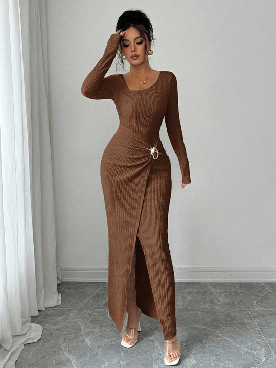 Women's Autumn Winter Solid Color Knit Texture Long Dress with Irregular Neckline