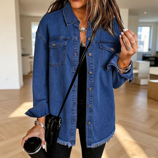 💖Black Friday Mega Deal – 50% off!💖💙 Women's Raw Edge Ripped Denim Jacket – Street Fashion, Multiple Pockets & Easy to Pair ✨