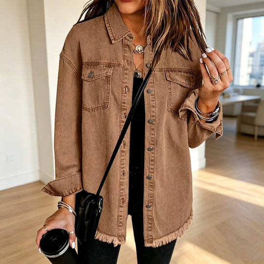 💖Black Friday Mega Deal – 50% off!💖💙 Women's Raw Edge Ripped Denim Jacket – Street Fashion, Multiple Pockets & Easy to Pair ✨
