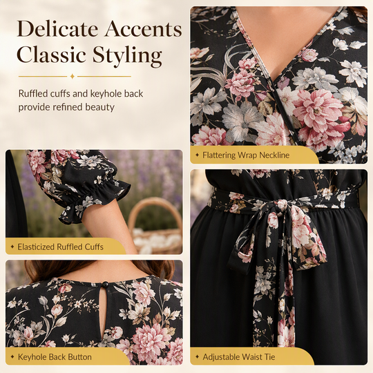 Elegant Floral Print Wrap V Neck Wide Leg Jumpsuit with Waist Tie and Ruffled 3/4 Sleeves