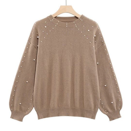 Women's Faux Pearls Round Neck Pullover Sweater