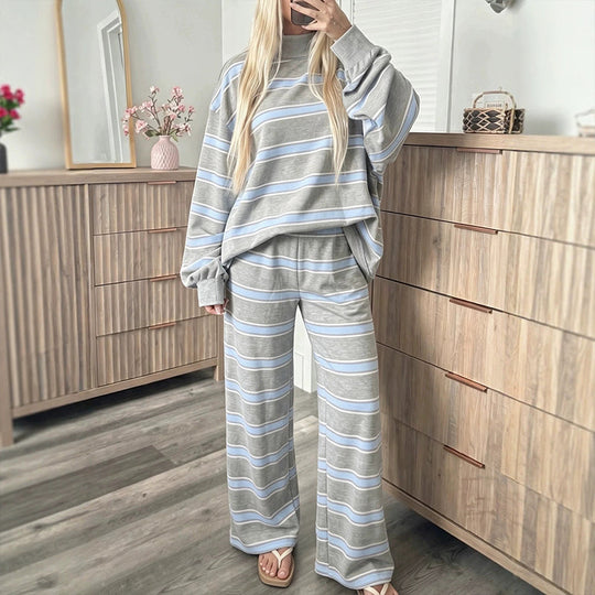 Women's Striped Mock Neck Top & Wide-Leg Pants Set