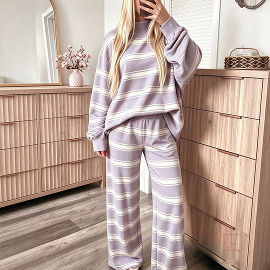 Women's Striped Mock Neck Top & Wide-Leg Pants Set
