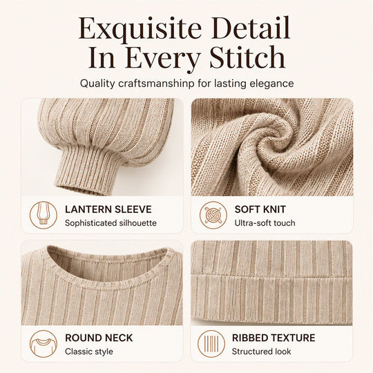 Women's Casual Lantern Sleeve Ribbed Knit Pullover