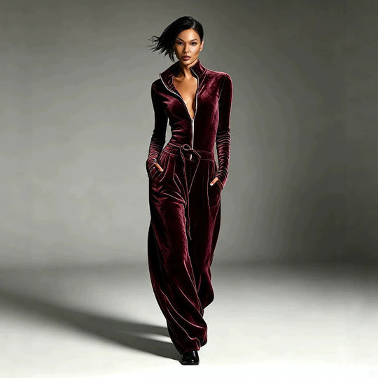 Women's Chic Stand Collar Velvet Jumpsuit
