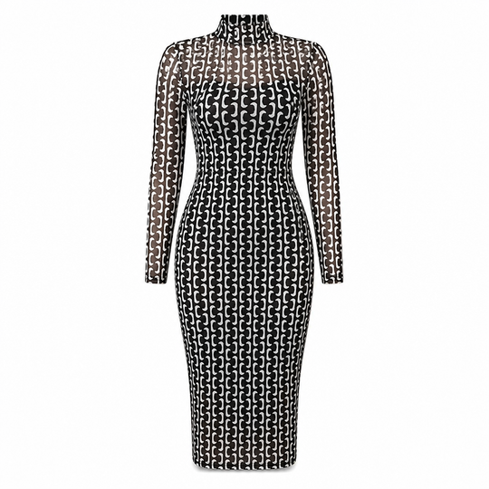 Women's 2 Piece Dress Set with Long Sleeve Mesh Chain Print Bodycon Midi Dress and Inner Slip Dress
