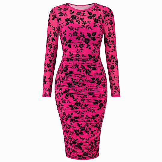 Women's 2 Piece Dress Set with Long Sleeve Mesh Chain Print Bodycon Midi Dress and Inner Slip Dress