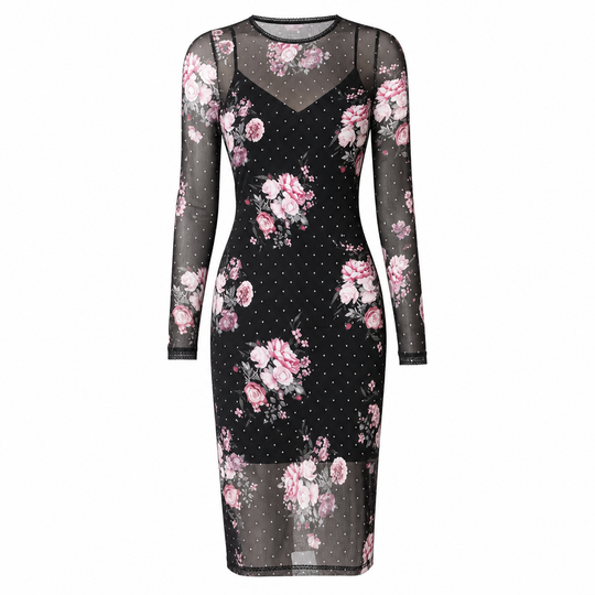 Women's 2 Piece Dress Set with Long Sleeve Mesh Chain Print Bodycon Midi Dress and Inner Slip Dress