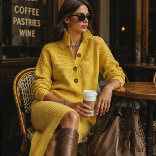 Women's Ribbed Knit Sweater Dress with Lapel Collar