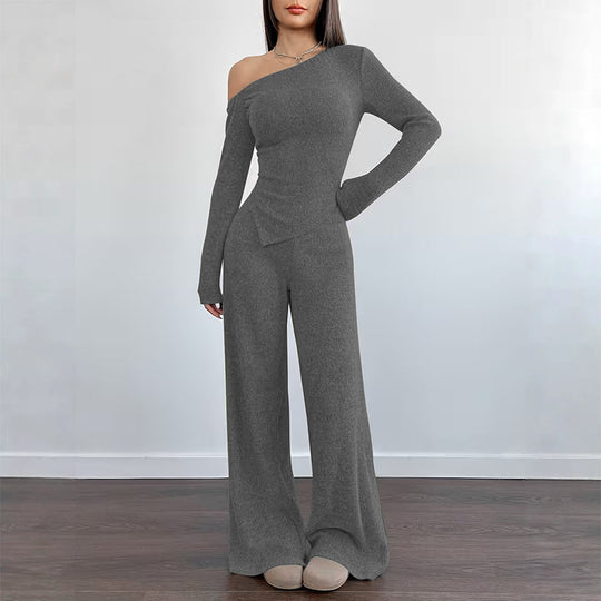 Women's Off-Shoulder Long Sleeve Top & Wide-Leg Pants Set