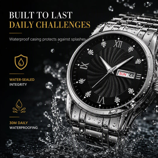 Men's Fashion Watch with Day Date Display Waterproof Luminous Hands and Alloy Steel Band