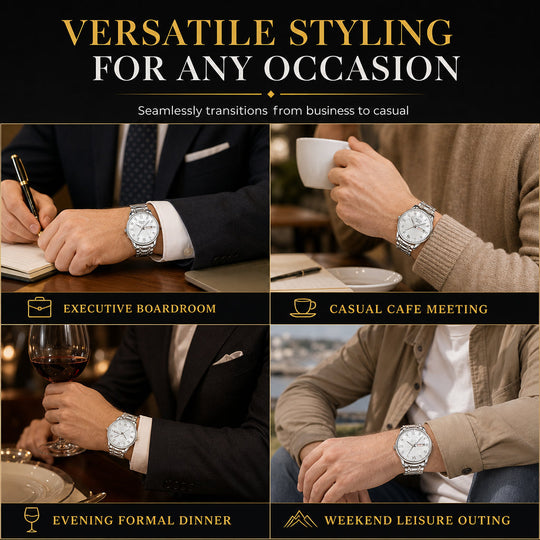 Men's Fashion Watch with Day Date Display Waterproof Luminous Hands and Alloy Steel Band