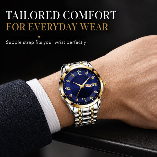 Men's Fashion Watch with Day Date Display Waterproof Luminous Hands and Alloy Steel Band