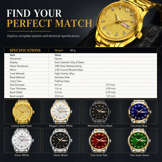 Men's Fashion Watch with Day Date Display Waterproof Luminous Hands and Alloy Steel Band