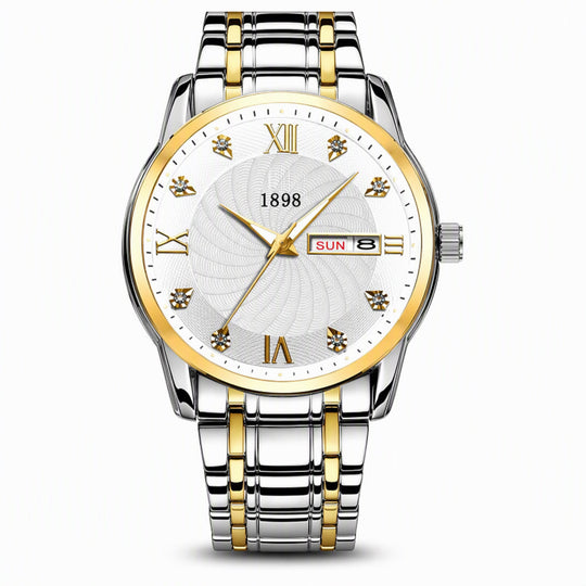 Men's Fashion Watch with Day Date Display Waterproof Luminous Hands and Alloy Steel Band