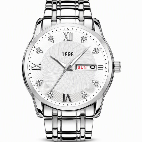 Men's Fashion Watch with Day Date Display Waterproof Luminous Hands and Alloy Steel Band